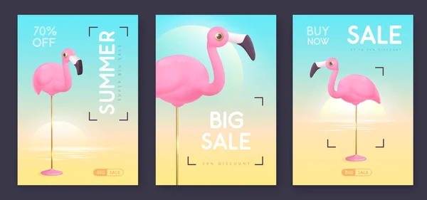 Set Summer Big Sale Modern Covers Plastic Flamingo Ocean Landscape — Stock Vector