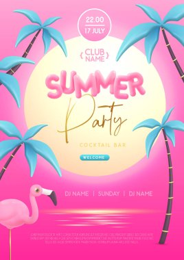 Üç boyutlu plastik metin, palmiye ağaçları ve flamingolu yaz disko partisi posteri. Yaz dönemi. Vektör illüstrasyonu