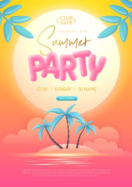 Üç boyutlu plastik metin, ada, palmiye ağaçları ve tropik manzaralı bir disko partisi posteri. Yaz dönemi. Vektör illüstrasyonu