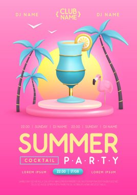 Üç boyutlu plastik kokteyl, palmiye ağaçları ve flamingo içeren yaz kokteyli disko partisi posteri. Vektör illüstrasyonu