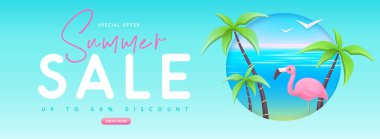 Üç boyutlu plastik flamingo ve palmiye ağaçlı yaz büyük indirimi afişi. Yaz dönemi. Vektör illüstrasyonu