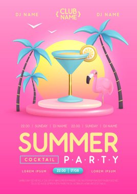 3 boyutlu plastik kozmopolit kokteyl, palmiye ağaçları ve flamingo içeren yaz kokteyli disko partisi posteri. Vektör illüstrasyonu