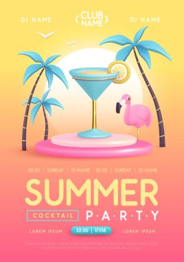 3 boyutlu plastik kozmopolit kokteyl, palmiye ağaçları ve flamingo içeren yaz kokteyli disko partisi posteri. Vektör illüstrasyonu