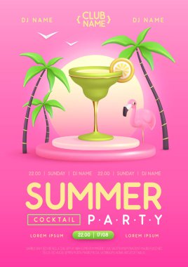 3 boyutlu plastik margarita kokteyli, palmiye ağaçları ve flamingo içeren yaz kokteyli disko partisi posteri. Vektör illüstrasyonu
