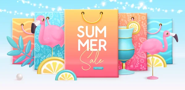 3Dプラスチックフラミンゴ カクテルやショッピングバッグと夏の大販売ポスター 夏の背景 ベクターイラスト — ストックベクタ