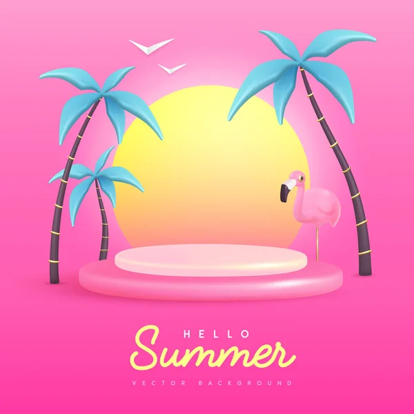 Sommerhintergrund Mit Plastikpalmen Und Flamingo Hallo Sommer Plakat Vektorillustration — Stockvektor