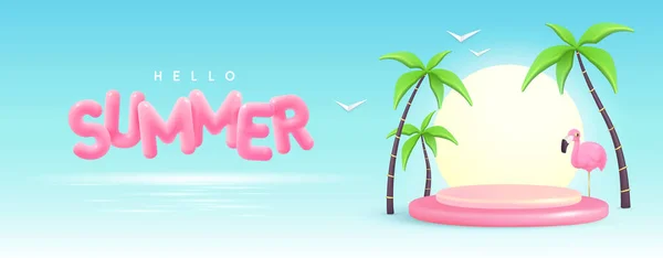 Sommerhintergrund Mit Plastiktext Palmen Und Flamingo Hallo Sommer Plakat Vektorillustration — Stockvektor