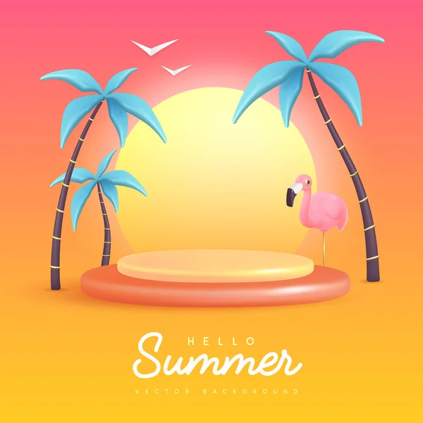 Nyári Háttér Műanyag Pálmafákkal Flamingóval Hello Summer Poszter Vektorillusztráció — Stock Vector