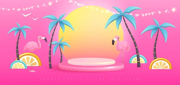 Fundo Verão Com Frutas Trópicas Plástico Palmeiras Flamingo Ilustração Vetorial — Vetor de Stock