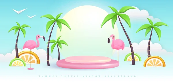 Sommerhintergrund Mit Tropischen Dreidimensionalen Kunststofffrüchten Palmen Und Flamingos Vektorillustration — Stockvektor