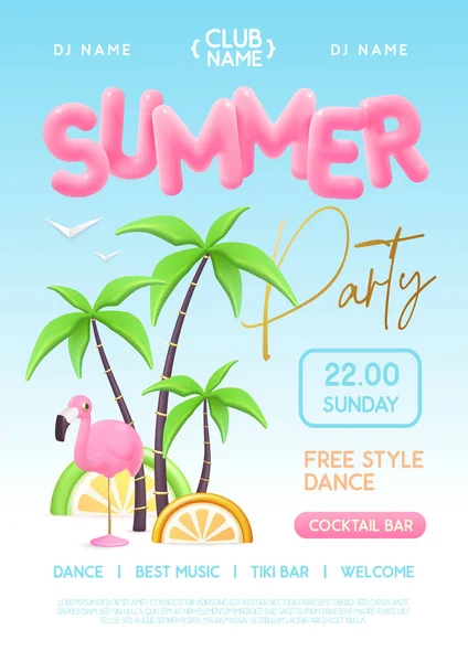 Sommerdisco Party Poster Mit Plastiktext Palmen Und Flamingo Sommer Hintergrund — Stockvektor