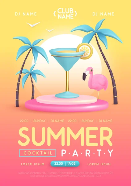 Summer Cocktail Disco Party Poster Plastic Cosmopolitan Cocktail Palm Trees — Stock Vector