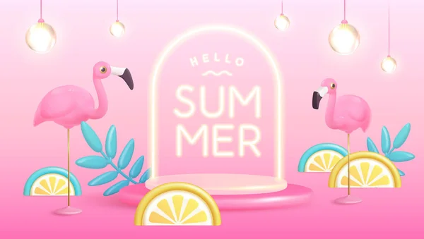Hello Summer Poster Plastic Tropic Fruits Leaves Flamingo Neon Text — Stock Vector