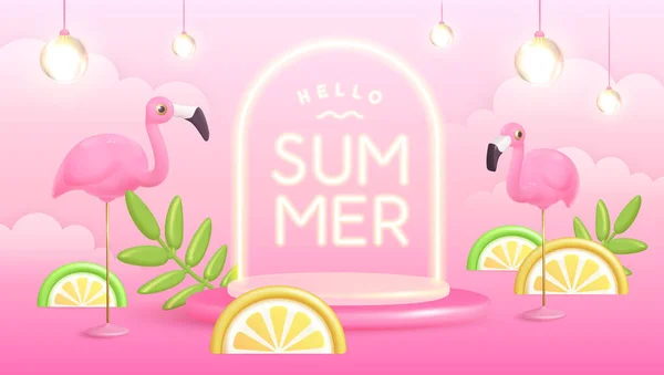 Ahoj Letní Plakát Plastovým Tropickým Ovocem Listy Plameňákem Neonovým Textem — Stockový vektor