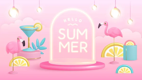 Hallo Sommerposter Mit Tropischen Früchten Aus Plastik Cocktail Flamingo Und — Stockvektor