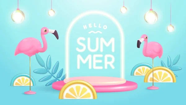 Плакат Hello Summer Пластиковыми Тропическими Фруктами Листьями Фламинго Неоновым Текстом — стоковый вектор