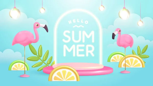 你好夏季海报3D塑料热带水果 火烈鸟和霓虹灯文字 夏天的背景矢量说明 — 图库矢量图片