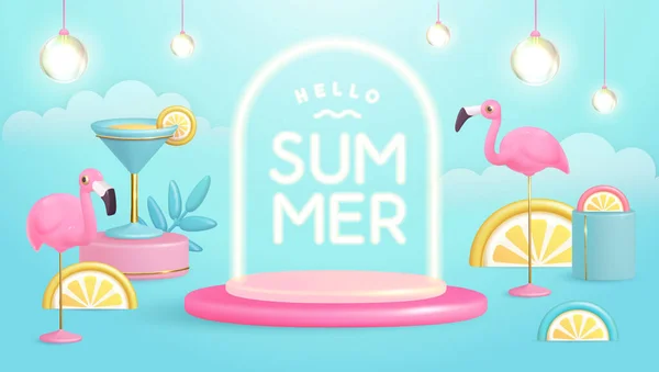 Hello Summer Poster Plastic Tropic Fruits Cocktail Flamingo Neon Text — Stock Vector
