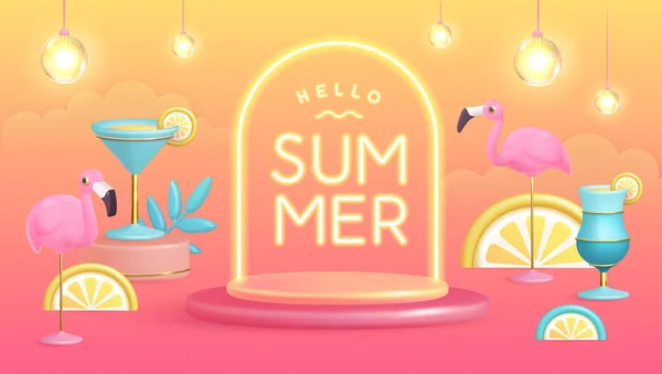 Olá Cartaz Verão Com Frutas Trópicas Plástico Coquetel Flamingo Texto —  Vetores de Stock