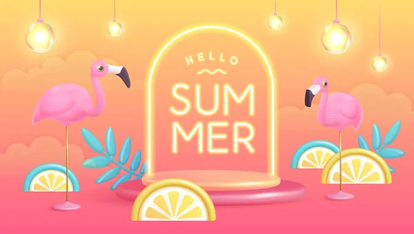 Hello Summer Poster Plastic Tropic Fruits Leaves Flamingo Neon Text — Stock Vector