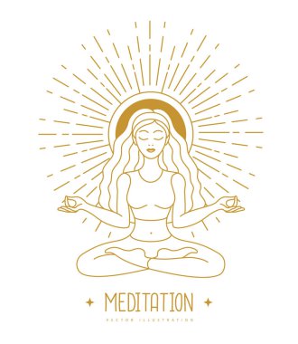 Genç kadın şafakta lotus pozisyonunda meditasyon yapıyor. Güneş astrolojisi işareti. Vektör illüstrasyonu