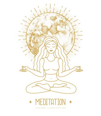 Genç Kadın Nilüfer pozisyonunda meditasyon yapıyor. Dolunayla birlikte. Ay astrolojisi işareti. Vektör illüstrasyonu