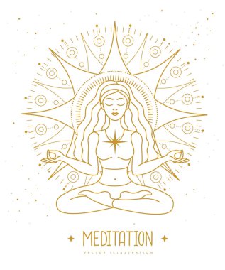 Genç kadın şafakta lotus pozisyonunda meditasyon yapıyor. Güneş astrolojisi işareti. Vektör illüstrasyonu