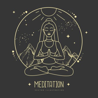 Genç Kadın, yıldızlı gökyüzü ile dağlarda Lotus pozisyonunda meditasyon yapıyor. Vektör illüstrasyonu