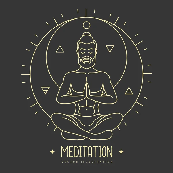 Knappe Man Meditatie Lotuspositie Stralen Van Rijzende Zon Zon Maan — Stockvector