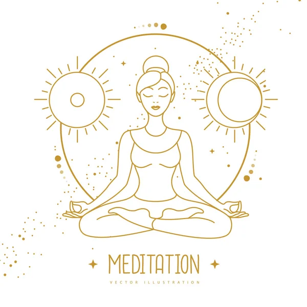 Vrouw Meditatie Lotuspositie Met Astrologie Zon Maan Teken Vectorillustratie — Stockvector