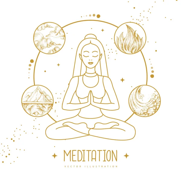 Young Woman Meditation Lotusposition Mit Den Vier Elementen Vektorillustration — Stockvektor