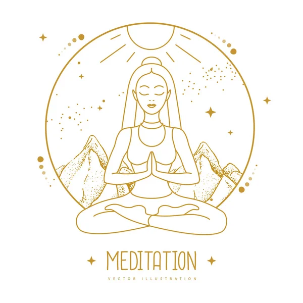 Jonge Vrouw Meditatie Lotuspositie Bergen Met Sterrenhemel Vectorillustratie — Stockvector