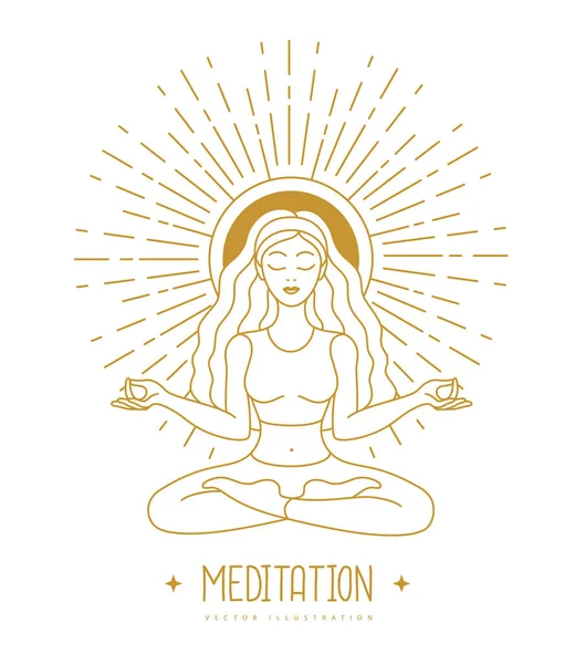 Ung Kvinna Meditation Lotus Position Vid Soluppgången Solastrologi Tecken Vektorillustration — Stock vektor