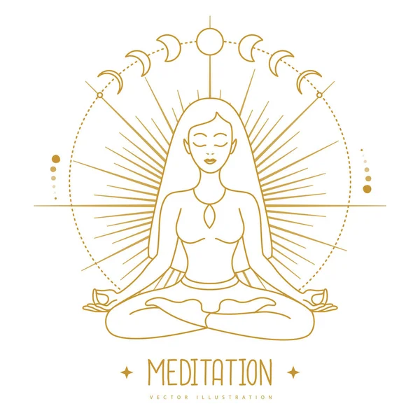 Young Woman Meditation Lotus Position Rays Rising Sun Sun Moon — Stock Vector