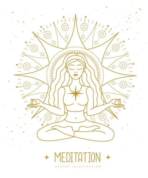 Ung Kvinna Meditation Lotus Position Vid Soluppgången Solastrologi Tecken Vektorillustration — Stock vektor
