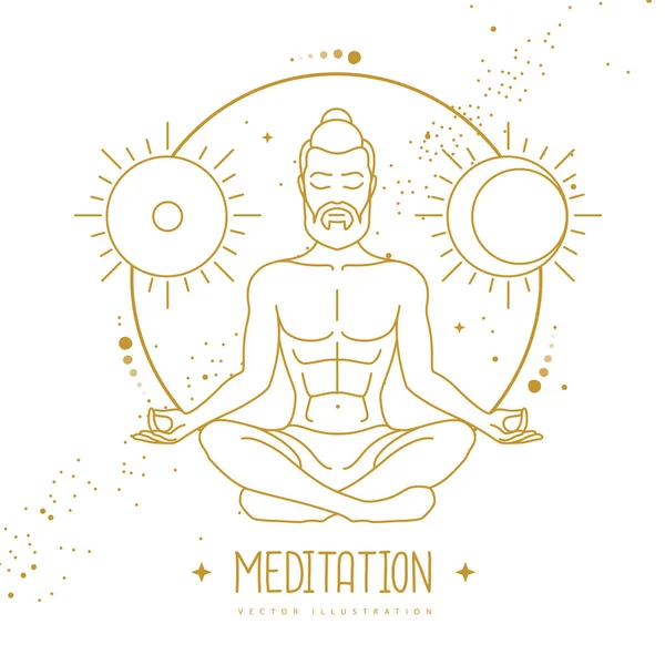 Snygg Man Meditation Lotusposition Med Astrologi Sol Och Måntecken Vektorillustration — Stock vektor