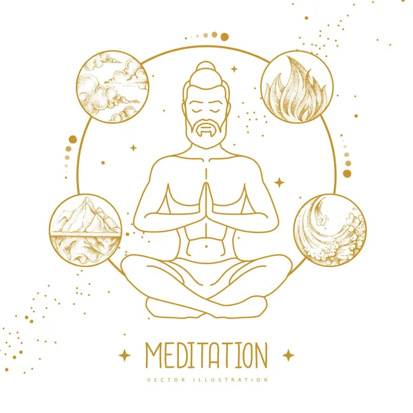 Snygg Man Meditation Lotusposition Med Fyra Elementen Vektorillustration — Stock vektor