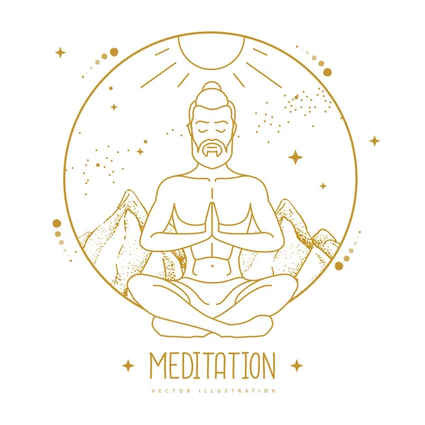 Handsome Man Meditation Lotus Position Mountains Starry Sky Vector Illustration — Stock Vector