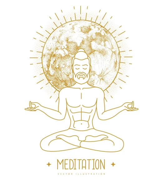 Handsome Man Meditation Lotus Position Full Moon Moon Astrology Sign — Stock Vector