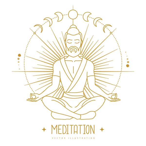 Handsome Man Meditation Lotus Position Rays Rising Sun Sun Moon — Stock Vector