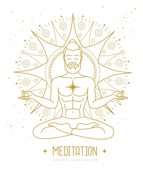 Handsome Man Meditation Lotus Position Sun Dawn Sun Astrology Sign — Stock Vector