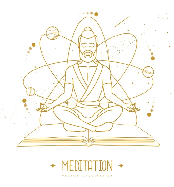 Schöner Mann Meditiert Lotusposition Vor Dem Hintergrund Des Weltraums Vektorillustration — Stockvektor