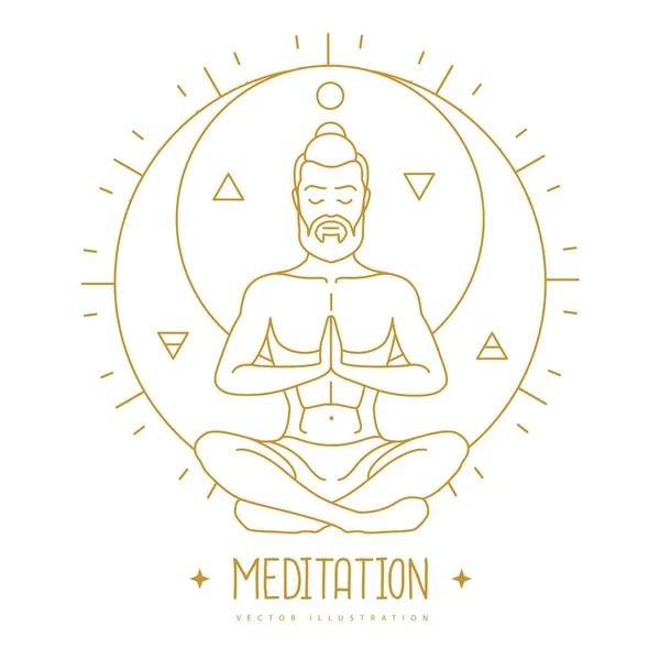 Jóképű Ember Meditáció Lótuszpozícióban Felkelő Nap Sugaraiban Nap Holdasztrológia Jel — Stock Vector