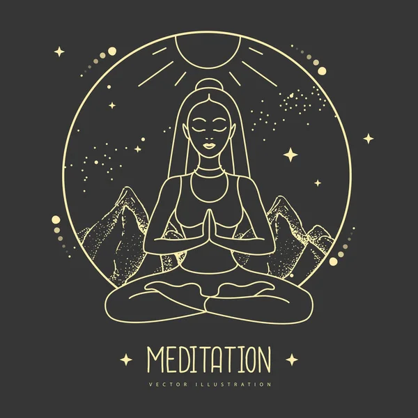 Jeune Femme Méditation Position Lotus Dans Les Montagnes Avec Ciel — Image vectorielle
