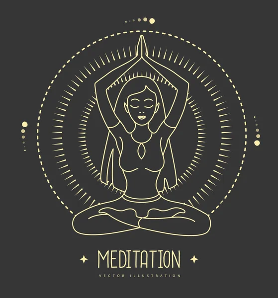 Ung Kvinna Meditation Lotus Position Den Uppgående Solens Strålar Solastrologi — Stock vektor