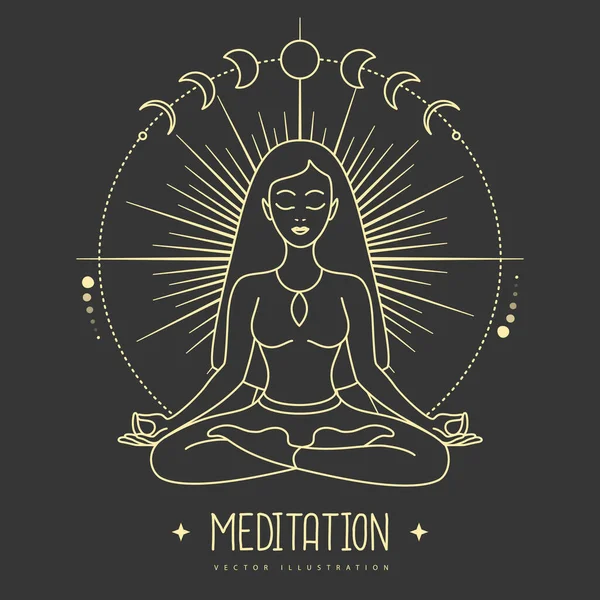 Jonge Vrouw Meditatie Lotuspositie Stralen Van Rijzende Zon Zon Maan — Stockvector
