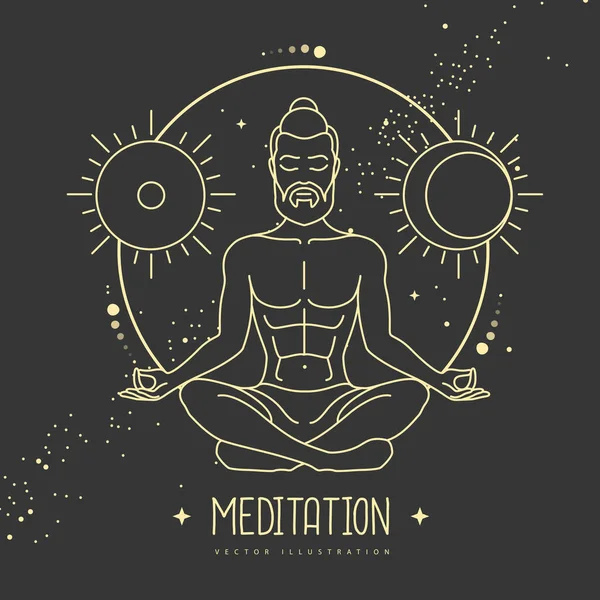 Knappe Man Meditatie Lotuspositie Met Astrologie Zon Maan Teken Vectorillustratie — Stockvector