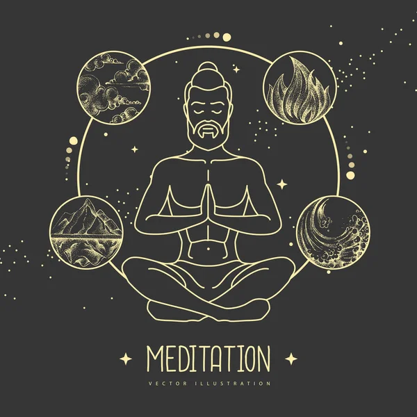 Belle Méditation Homme Position Lotus Avec Les Quatre Éléments Illustration — Image vectorielle