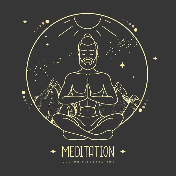 星空の山の中で蓮の位置にハンサムな男瞑想 ベクターイラスト — ストックベクタ