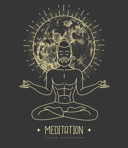 Handsome Man Meditation Lotus Position Full Moon Moon Astrology Sign — Stock Vector